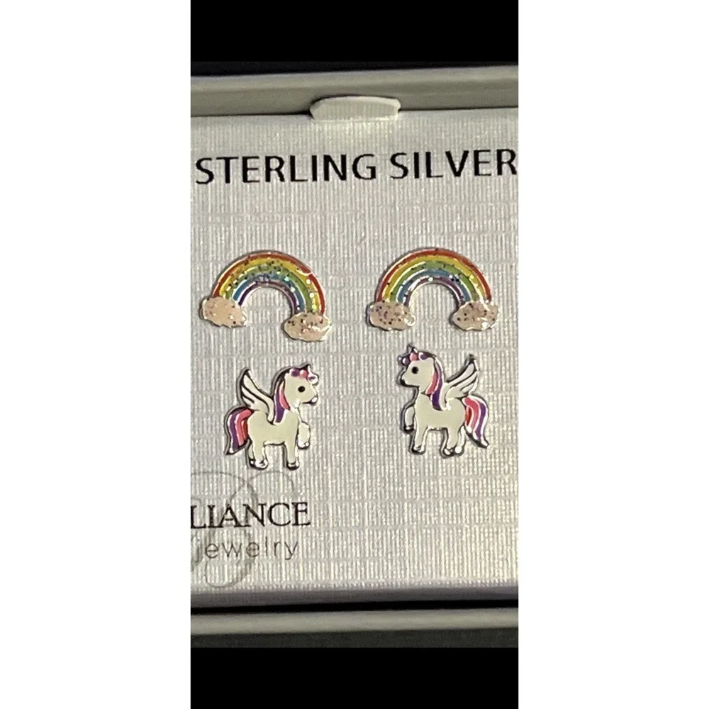Sterling Silver 925 Rainbow Unicorn Stud Earrings Set of 2 Girls Enamel NIB